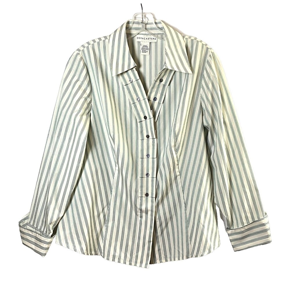 Doncaster Pleated Trim Button Down Shirt Size 14 Silk Blend Multicolor Stripes